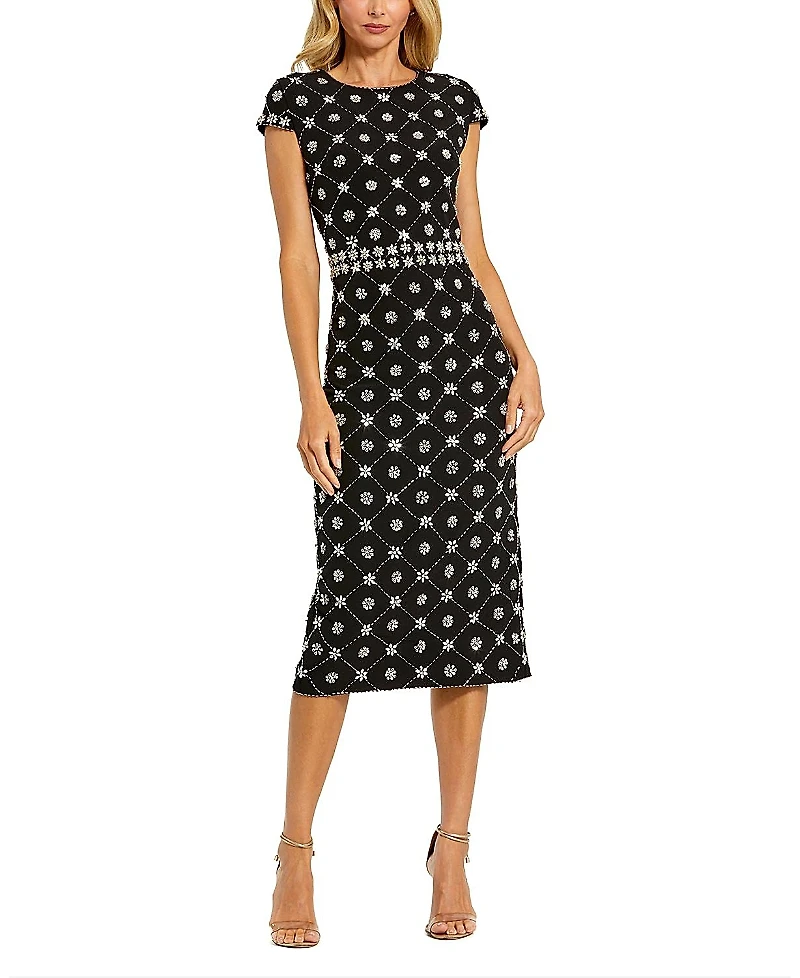 Mac Duggal Hand Embellished Cap Sleeve Midi Dress