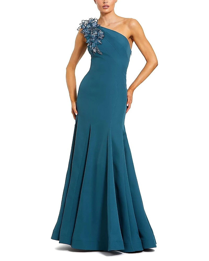 Mac Duggal Crepe One Shoulder Evening Gown With 3D Flower Details