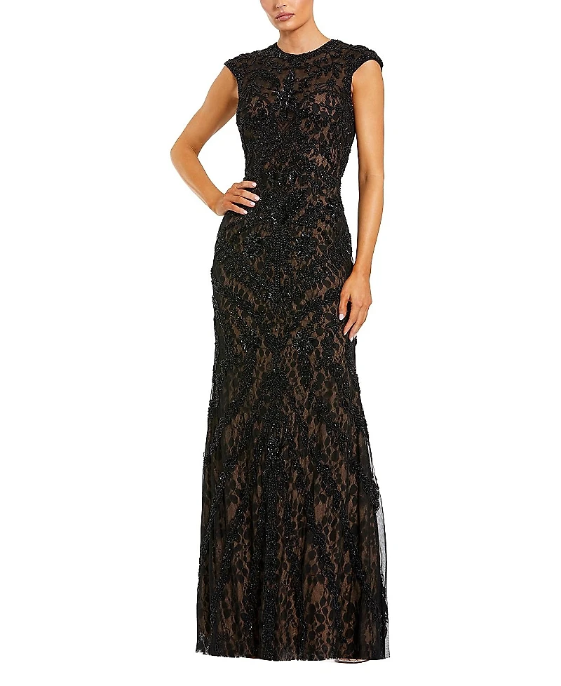 Mac Duggal Beaded High Neck Lace Mesh Sleeveless Column Gown