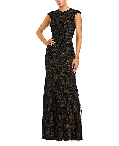 Mac Duggal Beaded High Neck Lace Mesh Sleeveless Column Gown