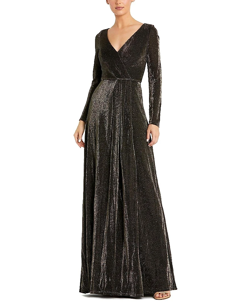 Mac Duggal Long Sleeve Faux Wrap A Line Gown