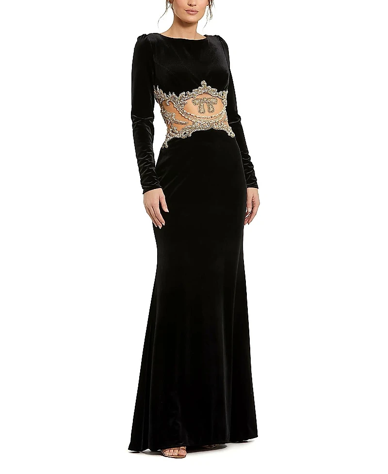 Mac Duggal Long Sleeve Sheer Embellished Velvet Gown