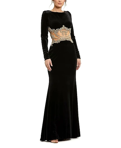 Mac Duggal Long Sleeve Sheer Embellished Velvet Gown