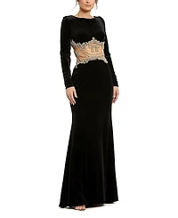 Mac Duggal Long Sleeve Sheer Embellished Velvet Gown