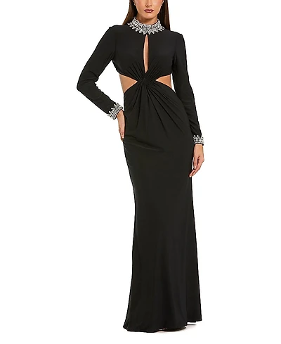 Mac Duggal Embellished Jersey Long Sleeve Cut Out Evening Gown