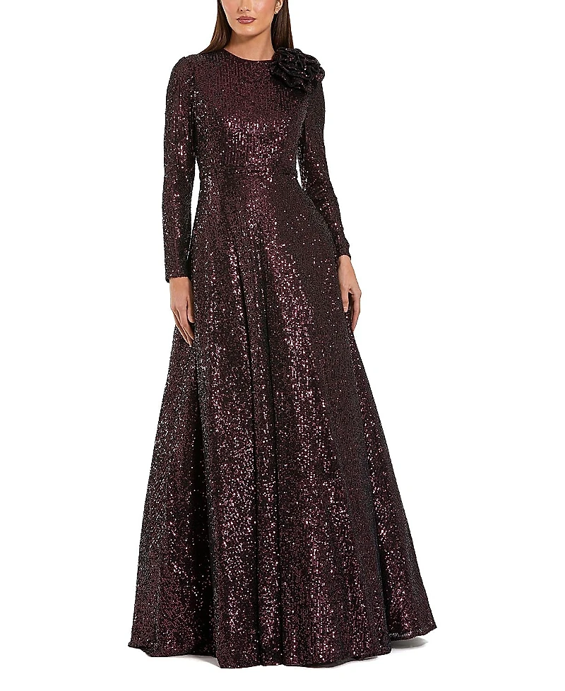 Mac Duggal Long Sleeve Sequin Ballgown with 3D Flower