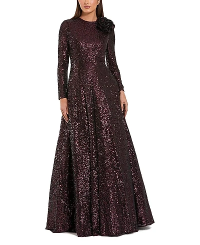 Mac Duggal Long Sleeve Sequin Ballgown with 3D Flower