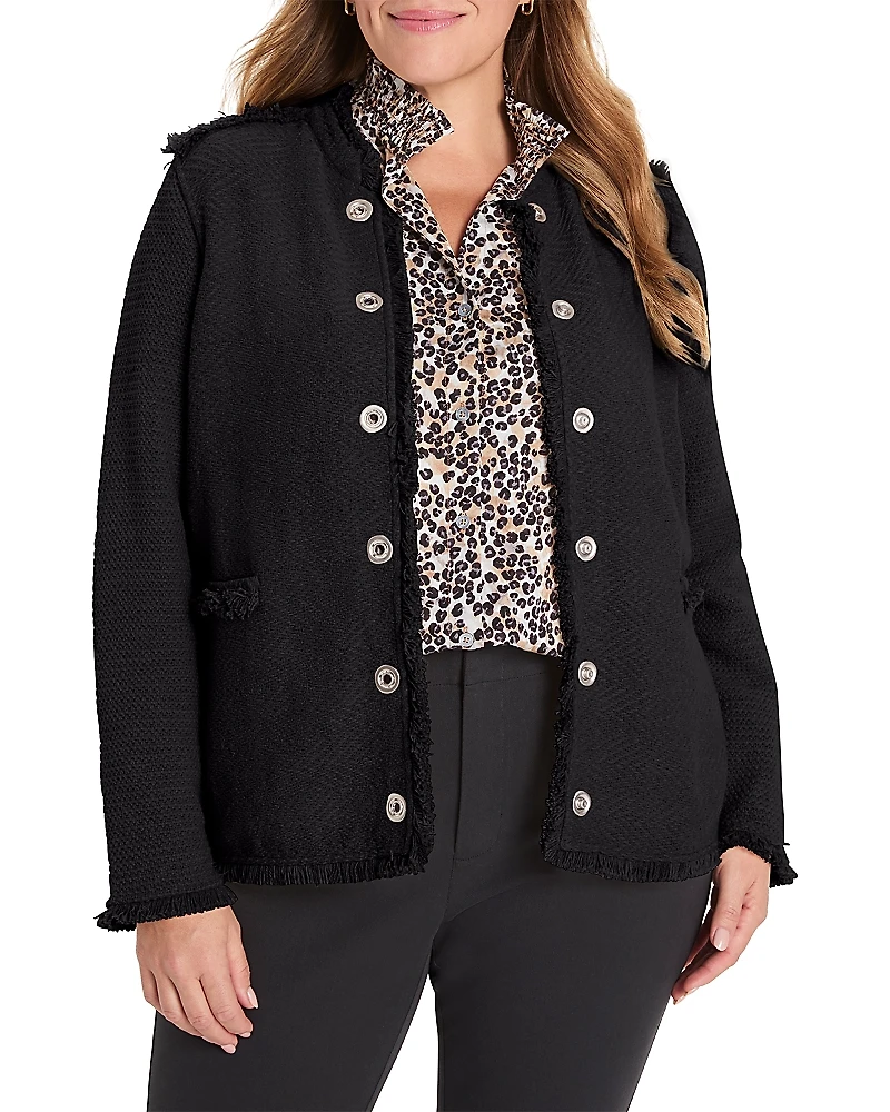 Nic+Zoe Plus Military Fringe Mix Knit Jacket