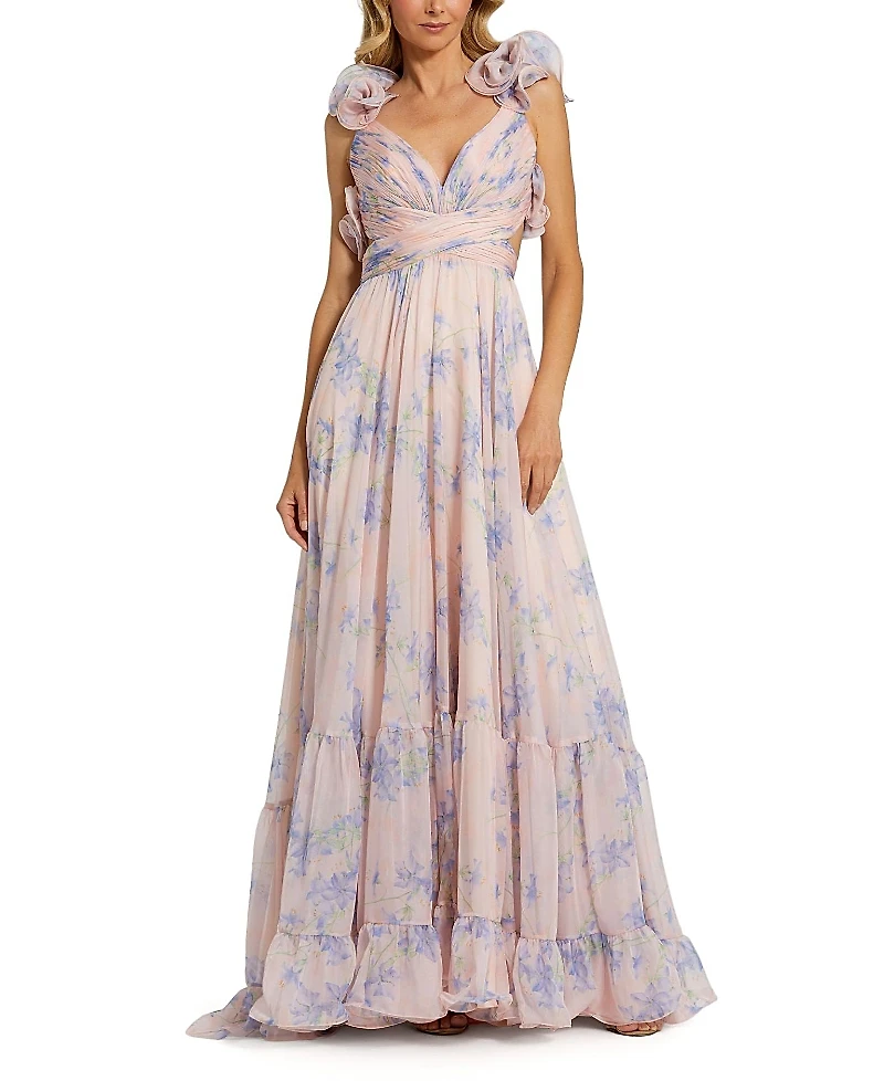 Mac Duggal Ruffle Tiered Floral Cut-Out Chiffon Gown