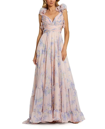 Mac Duggal Ruffle Tiered Floral Cut-Out Chiffon Gown