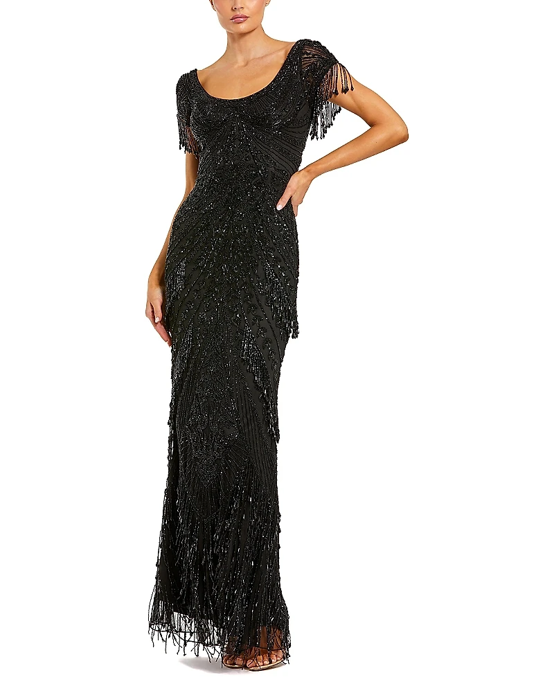 Mac Duggal Beaded Mesh Fringe Short Sleeve Column Gown