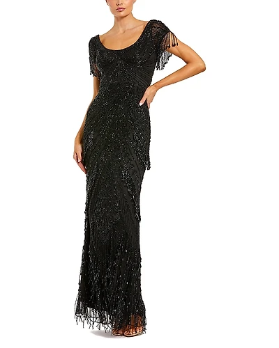 Mac Duggal Beaded Mesh Fringe Short Sleeve Column Gown