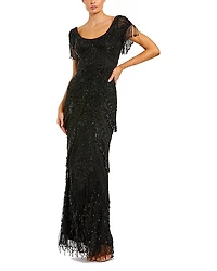 Mac Duggal Beaded Mesh Fringe Short Sleeve Column Gown