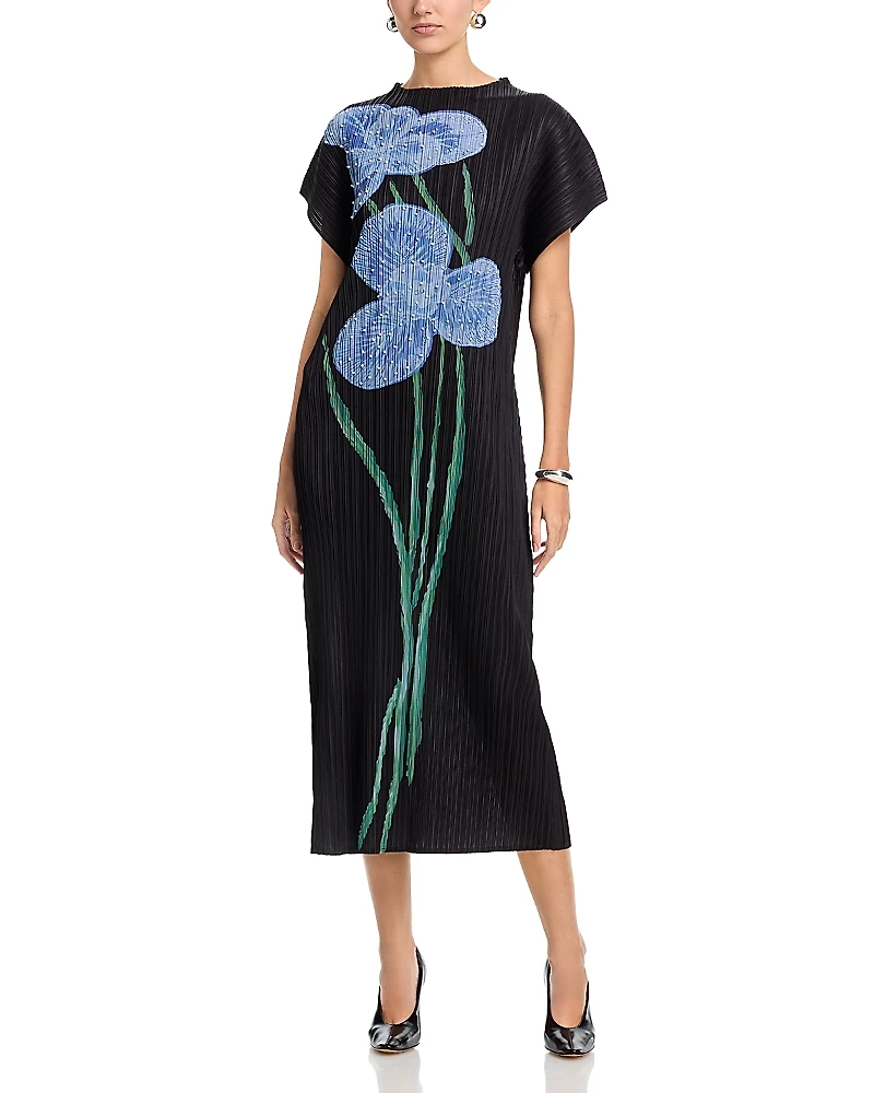 Nancy Yang Beaded Applique Flower Crinkled Dress