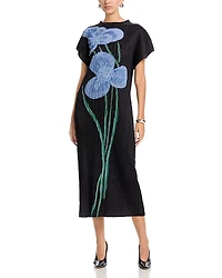 Nancy Yang Beaded Applique Flower Crinkled Dress