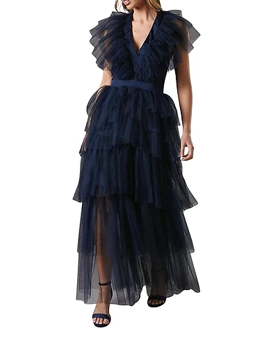 Coast Mesh V-Neck Halter Tiered Maxi Dress
