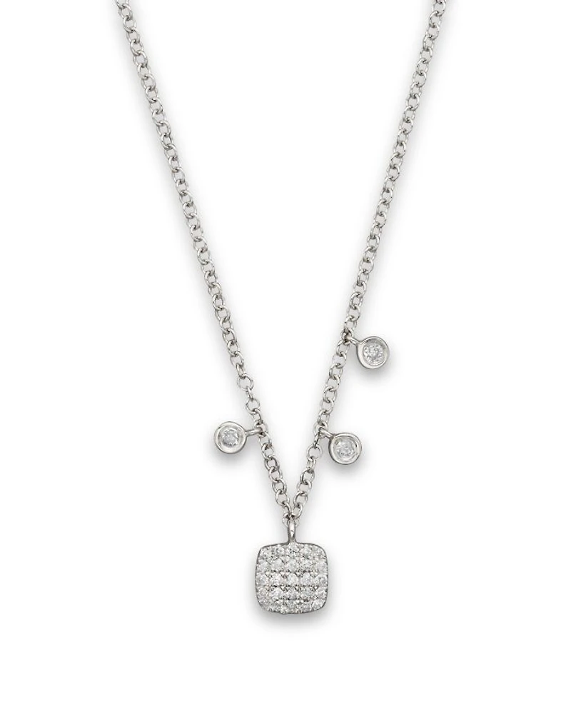 14K White Gold Square Pavé Diamond Disc Necklace, 16"