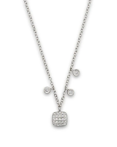 14K White Gold Square Pavé Diamond Disc Necklace, 16"