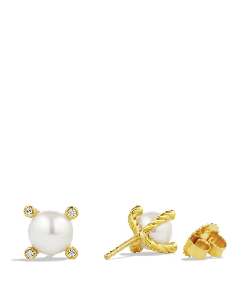 Cable Earrings with Diamonds & Cultured Freshwater Pearls in Gold, .03 tcw