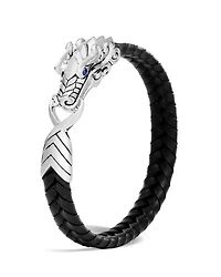Men's Sterling Silver Legends Naga Bracelet with Braided Black Leather and Sapphire Eyes