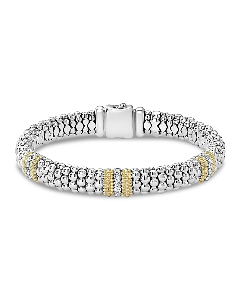 Lagos 18K Gold & Sterling Silver Diamond Lux Three Station Bracelet