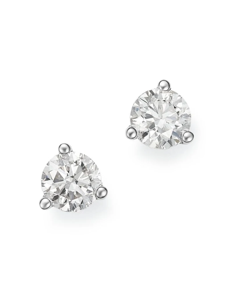 Diamond Stud Earrings 3-Prong Martini Set 14K White Gold