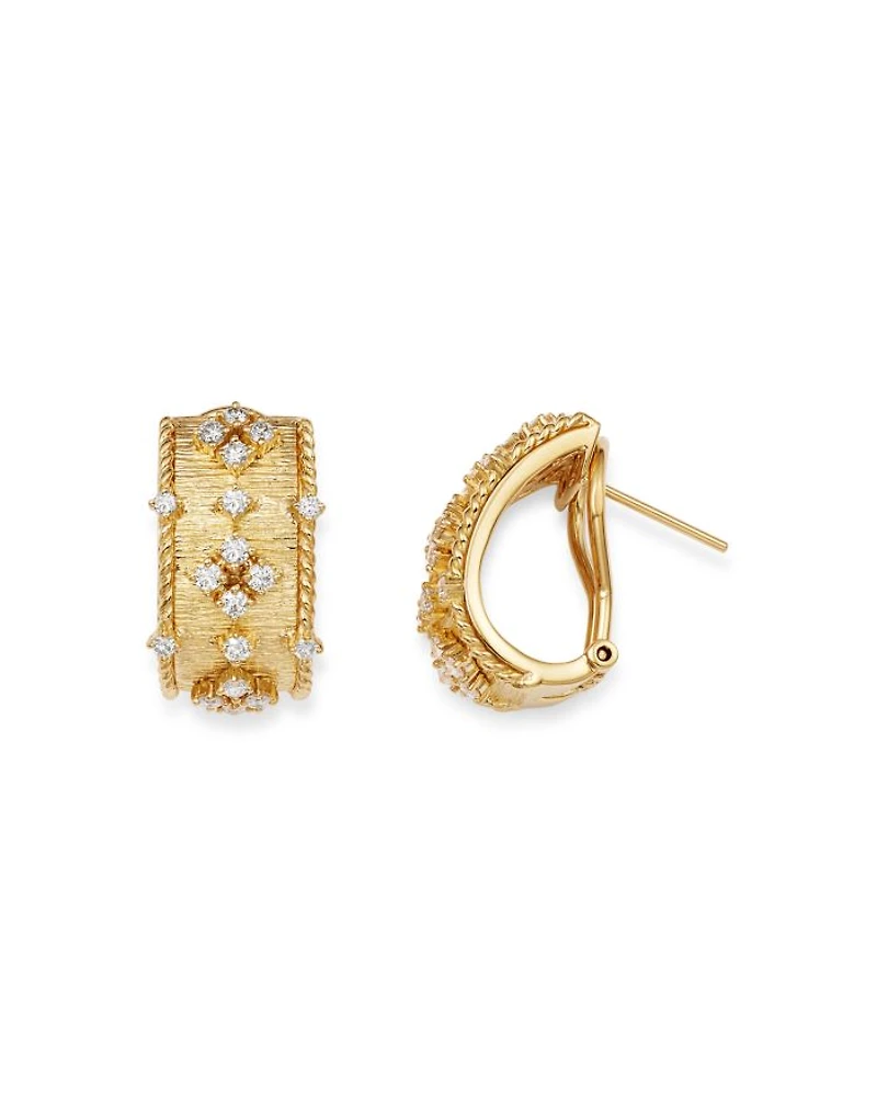 Diamond Omega-Back Earrings in 18K Textured Yellow Gold, 0.70 tcw