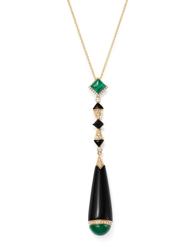 Black Onyx, Malachite & Diamond Pendant Necklace in 18K Yellow Gold, 18"