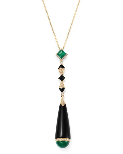 Black Onyx, Malachite & Diamond Pendant Necklace in 18K Yellow Gold, 18"