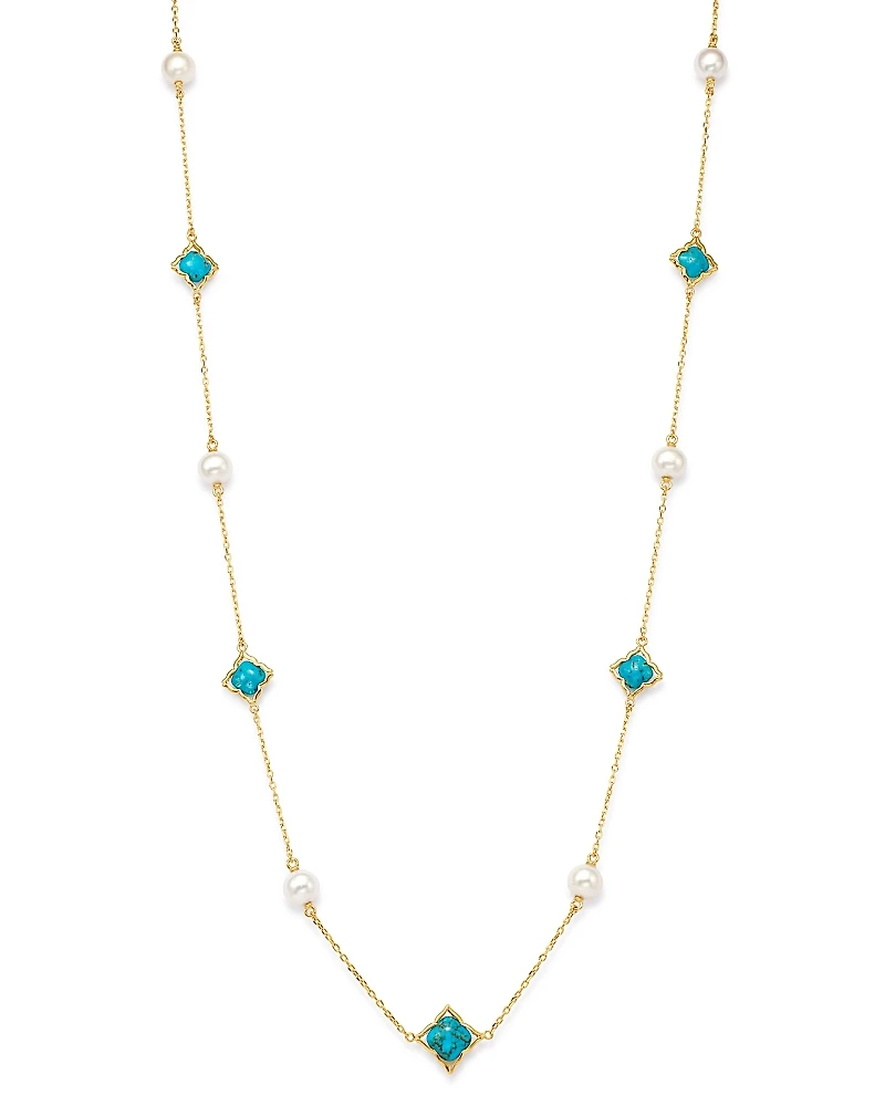 Bloomingdale's Fine Collection Cultured Freshwater Pearl & Turquoise Clover Station Necklace