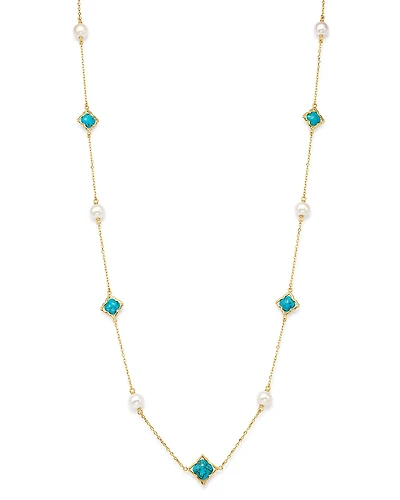 Bloomingdale's Fine Collection Cultured Freshwater Pearl & Turquoise Clover Station Necklace