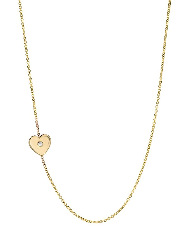 14K Yellow Gold Diamond Heart Station Necklace, 18"