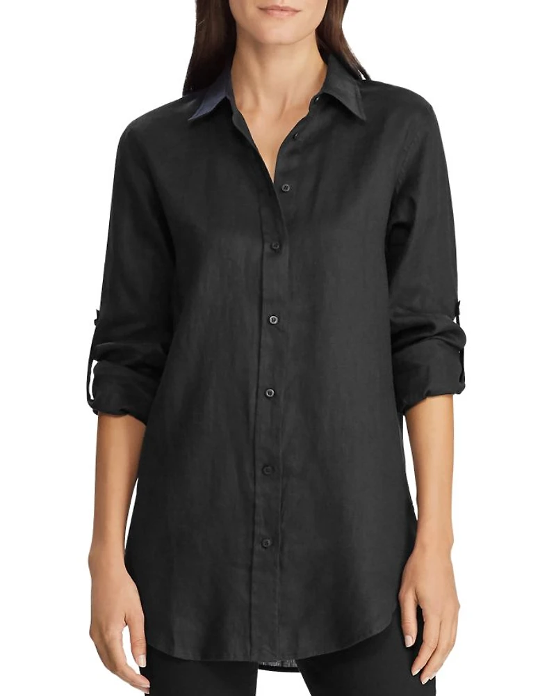 Linen Long Sleeve Collared Button Down Shirt, Regular & Petite