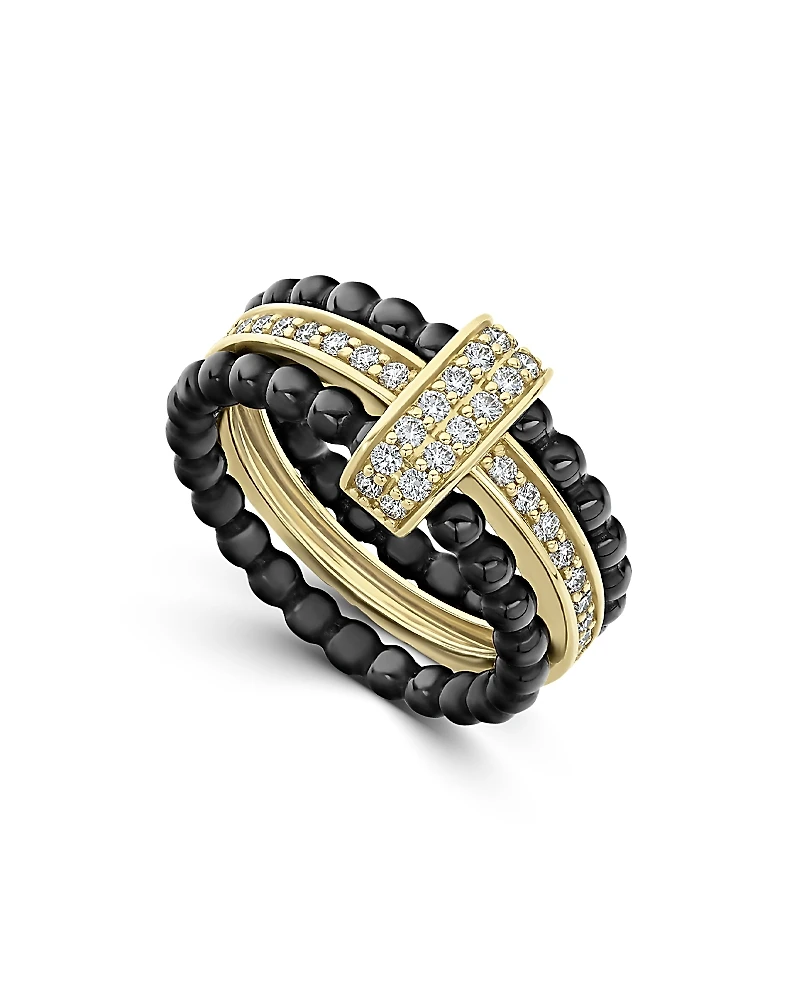 Lagos Meridian 18K Yellow Gold & Ceramic Caviar Diamond Stack Ring