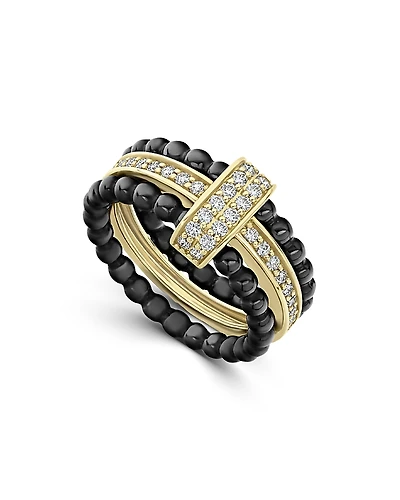 Lagos Meridian 18K Yellow Gold & Ceramic Caviar Diamond Stack Ring