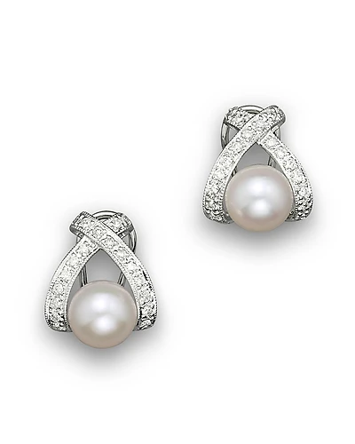Cultured Pearl X Earrings with Diamonds, 7mm