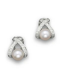 Cultured Pearl X Earrings with Diamonds, 7mm