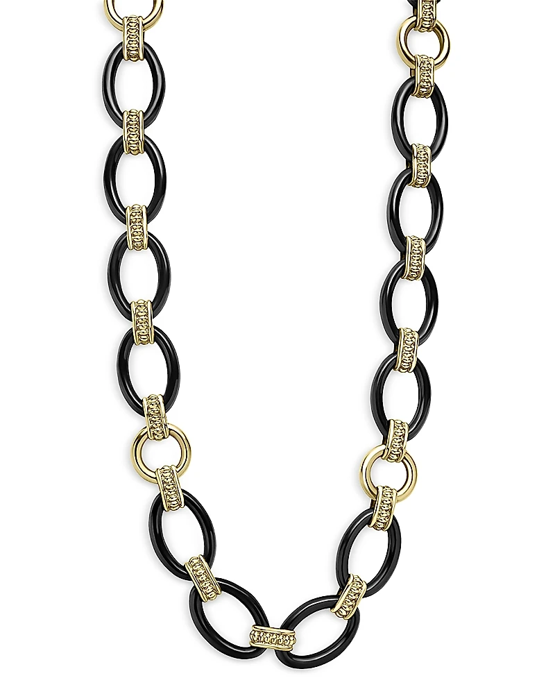 Lagos Meridian 18K Yellow Gold Black Caviar Black Ceramic Oval Link Necklace, 18