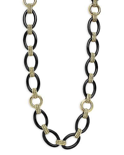 Lagos Meridian 18K Yellow Gold Black Caviar Black Ceramic Oval Link Necklace, 18