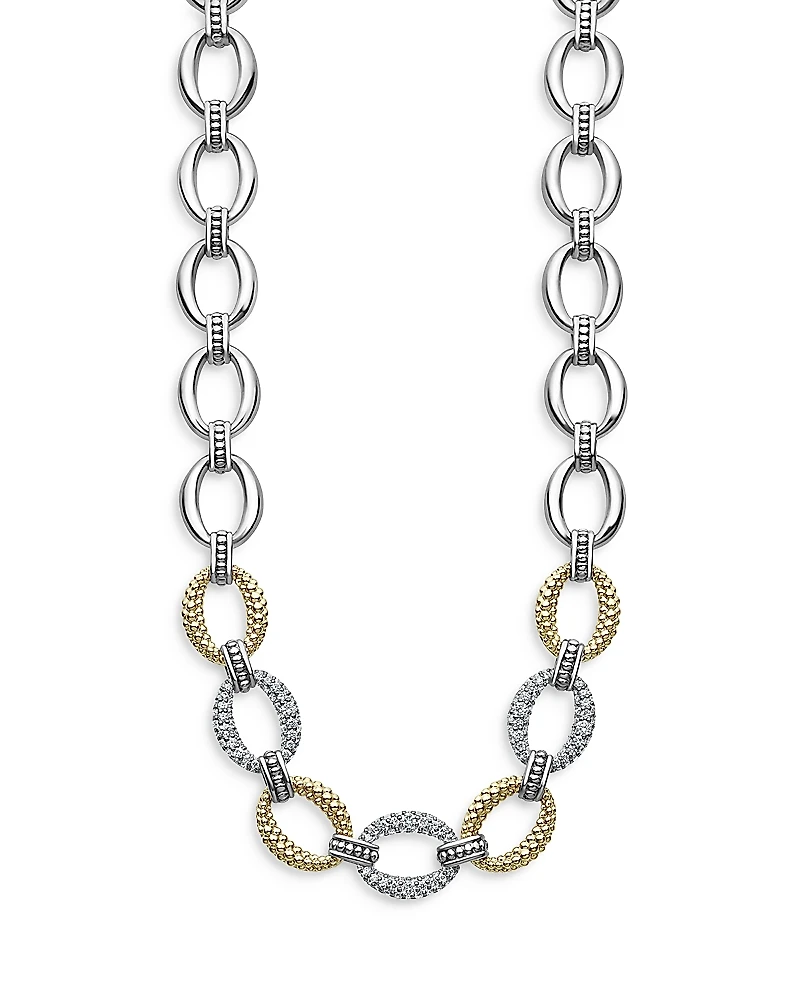 Lagos Sterling Silver & 18K Yellow Gold Caviar Luxe Diamond Link Necklace