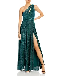 Aqua One Shoulder Crinkled Metallic Gown - Exclusive
