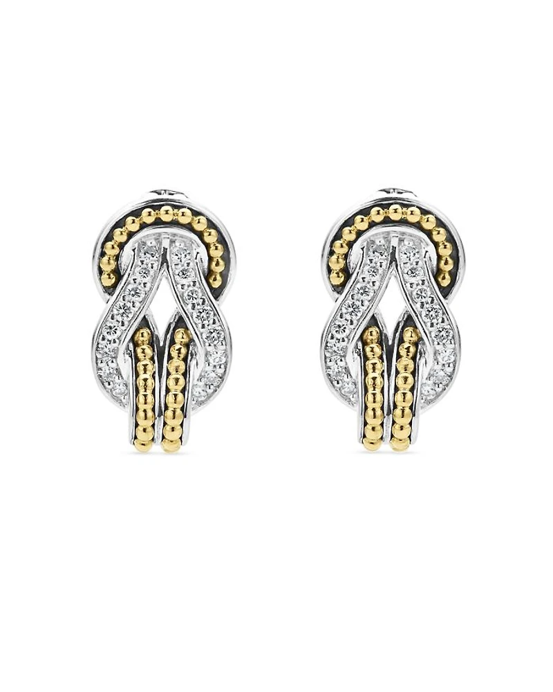 18K Yellow Gold & Sterling Silver Newport Diamond Knot Large Omega Clasp Earrings