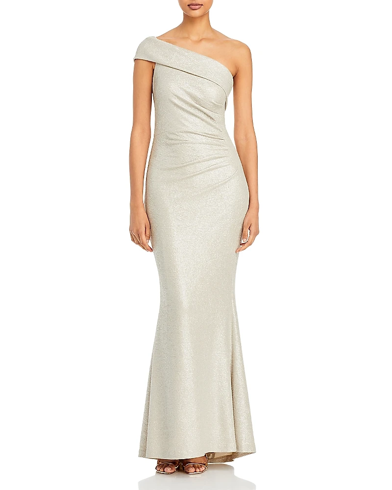Eliza J Metallic Knit One Shoulder Gown