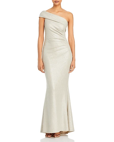 Eliza J Metallic Knit One Shoulder Gown