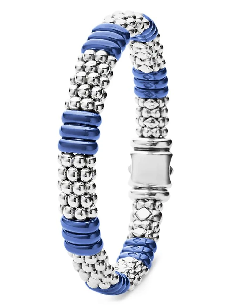 18K Yellow Gold & Sterling Silver Blue Ceramic Rondelle Caviar Bead Statement Bracelets