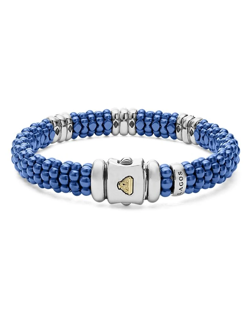 18K Yellow Gold & Sterling Silver Diamond Rondelle & Ultramarine Ceramic Caviar Bead Statement Bracelet