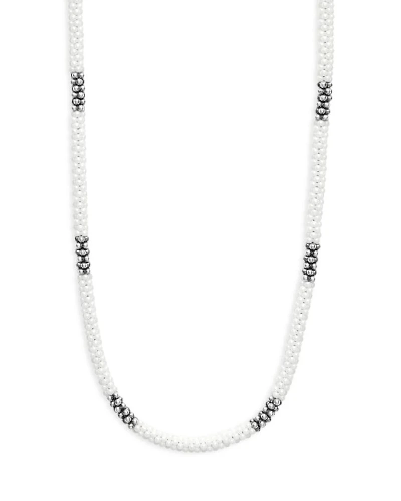 Sterling Silver White Ceramic Bead Collar Necklace, 16"