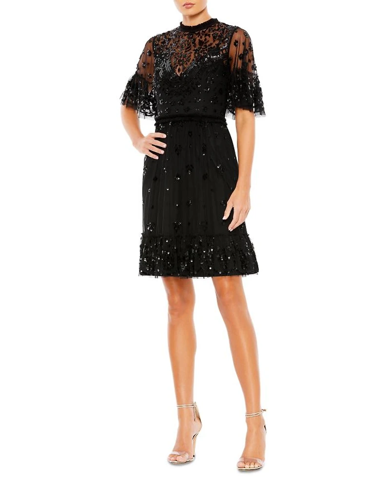 Embellished Illusion High Neck Mini Dress