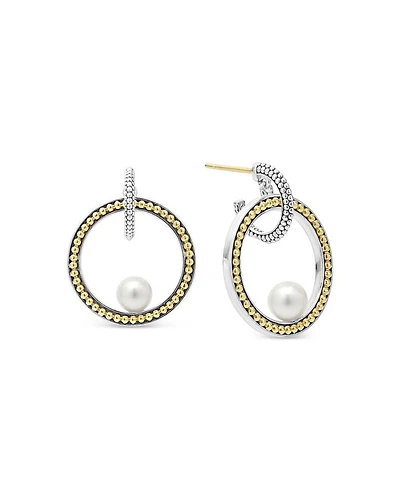 18K Yellow Gold & Sterling Silver Luna Cultured Freshwater Pearl Interlocking Drop Hoop Earrings