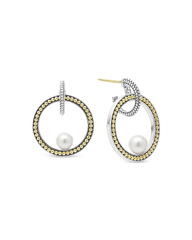 Lagos 18K Yellow Gold & Sterling Silver Luna Cultured Freshwater Pearl Interlocking Drop Hoop Earrings